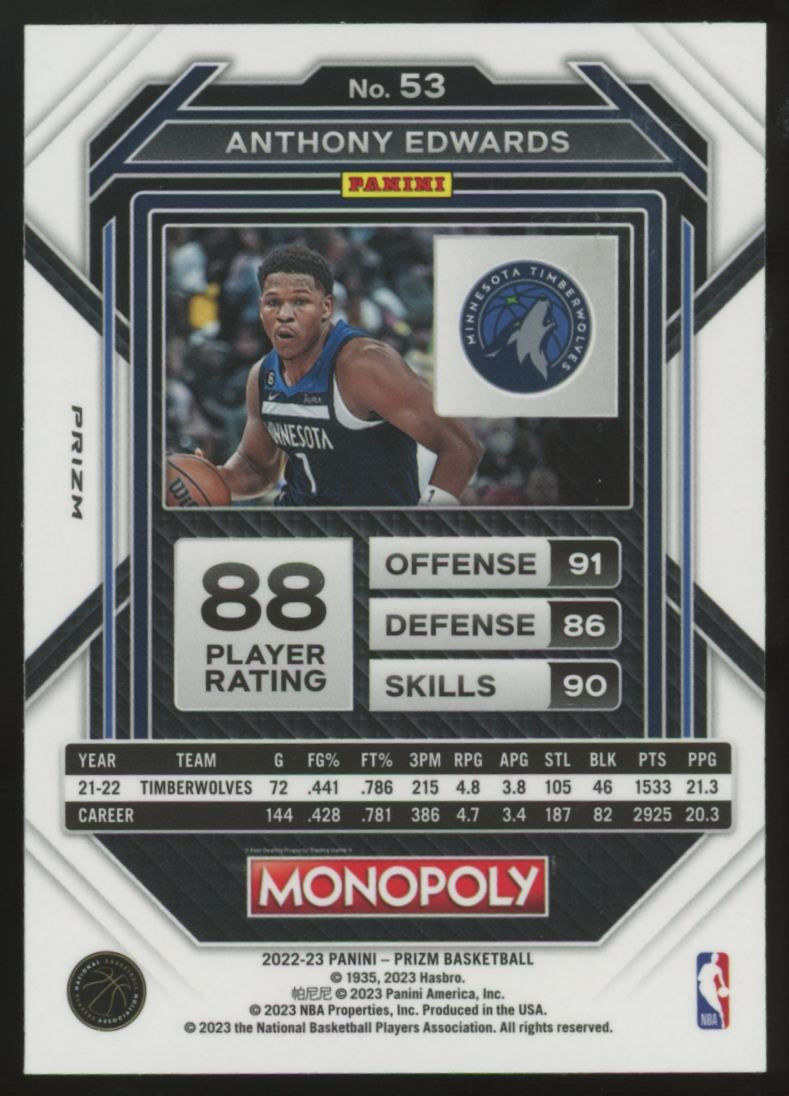 2022-23 Panini Prizm Monopoly Anthony Edwards Icons #53