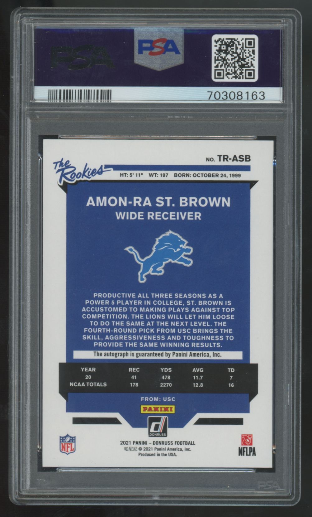 2021 Donruss Amon-Ra St. Brown RC The Rookies Auto #TR-ASB PSA 9 10