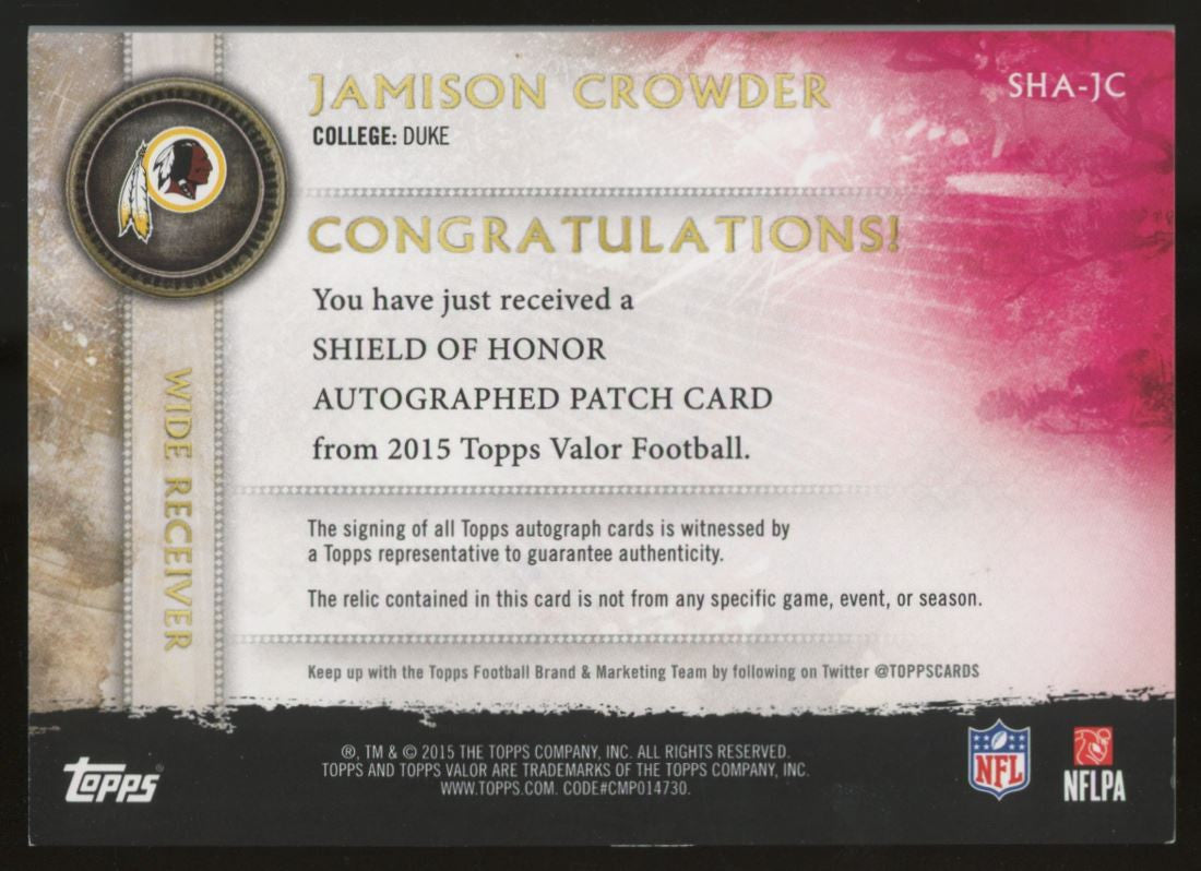 2015 Topps Valor Jamison Crowder RC Patch Auto RPA Courage /50 #SHA-JC