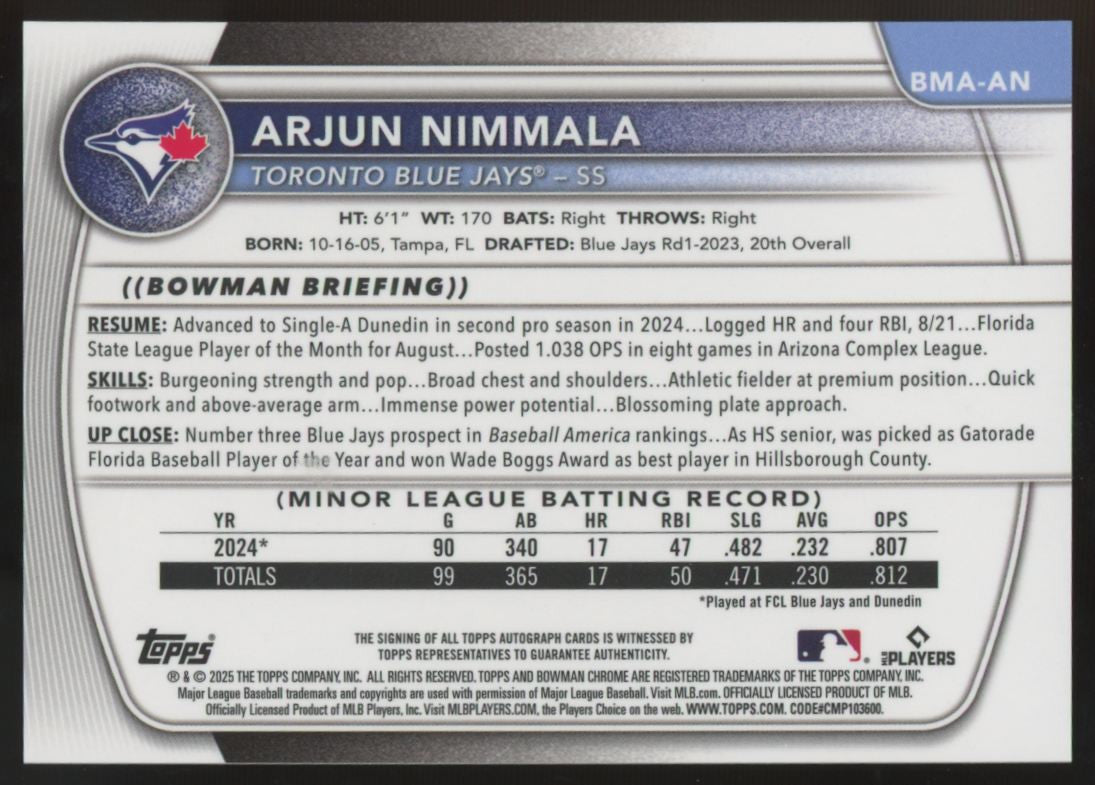 2025 Bowman Chrome Mega Arjun Nimmala Prospect Auto #BMA-AN