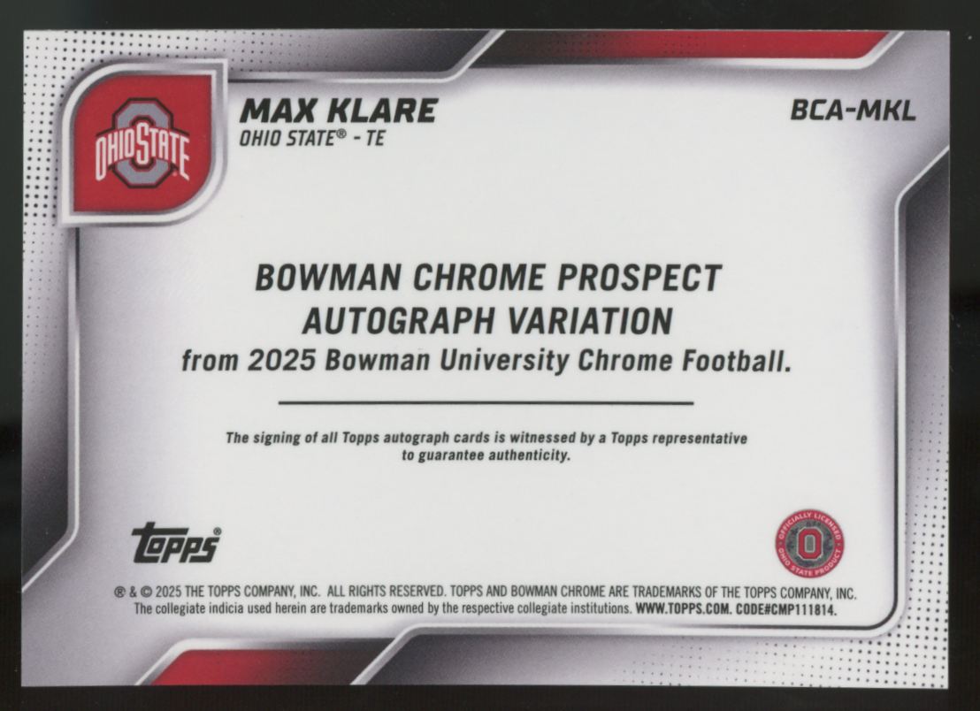 2025 Bowman Chrome University Max Klare 1st Blue Diamond Refractor Auto /150