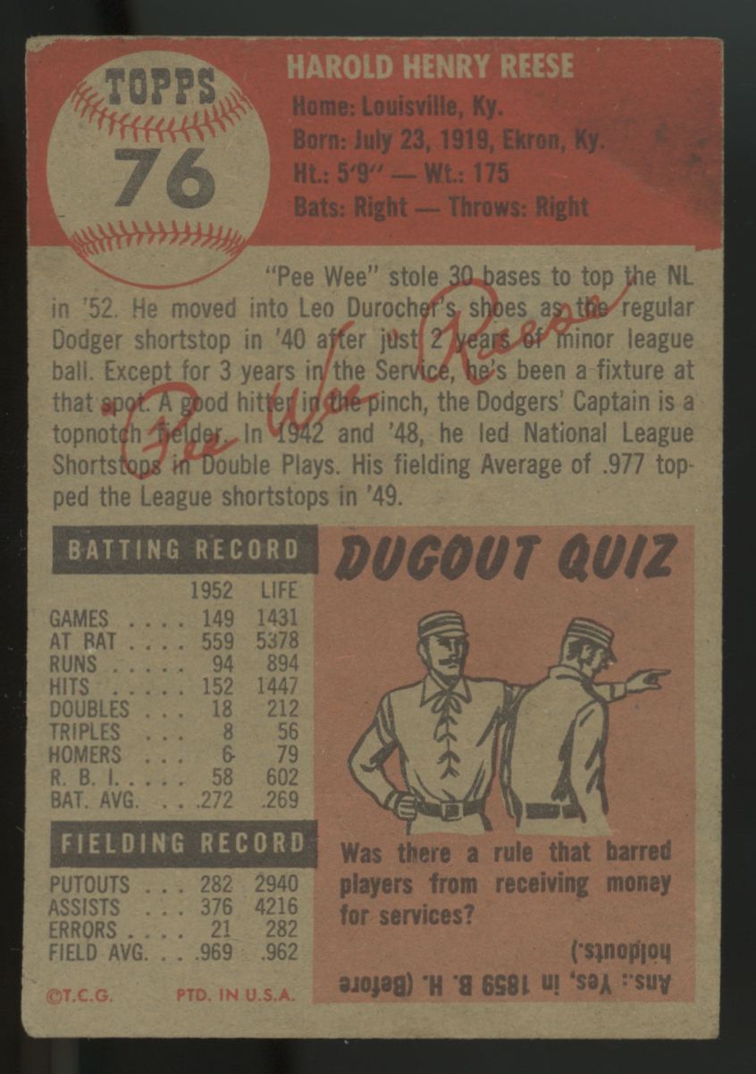 1953 Topps Pee Wee Reese #76 VG "A"