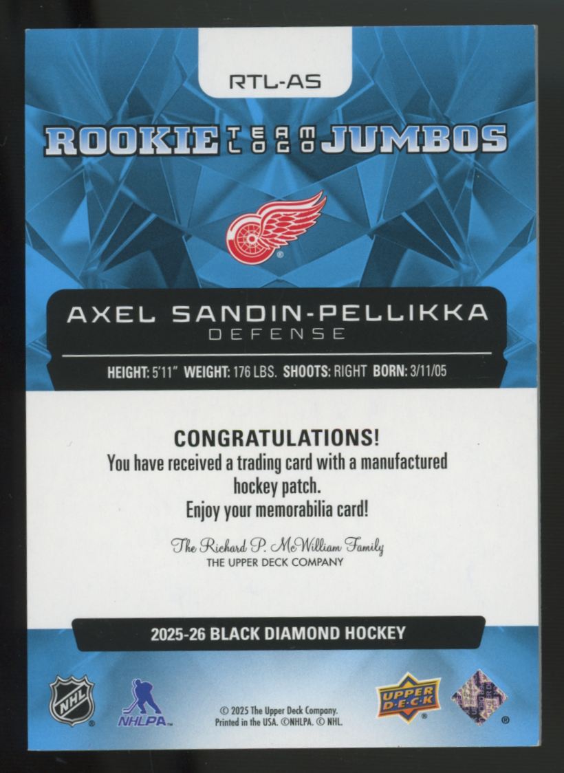 2025-26 UD Black Diamond Axel Sandin-Pellikka RC Team Logo Jumbo Patch #RTL-AS