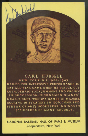 Carl Hubbell Signed Autographed HOF Plaque JSA Authentic