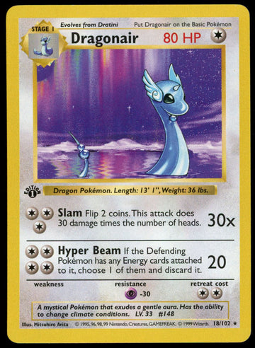 1999 Pokemon Shadowless Dragonair Base Set 1st Edition 18/102 NM