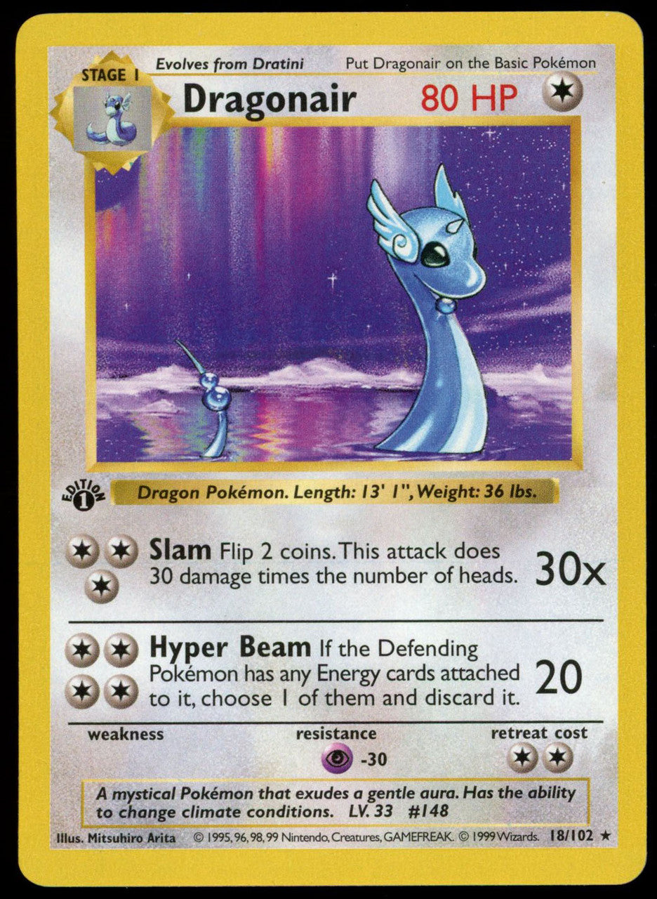 1999 Pokemon Shadowless Dragonair Base Set 1st Edition 18/102 NM