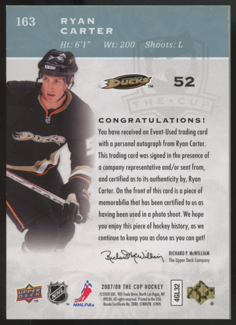 2007-08 Upper Deck The Cup Ryan Carter RC Patch Auto RPA /249 #163