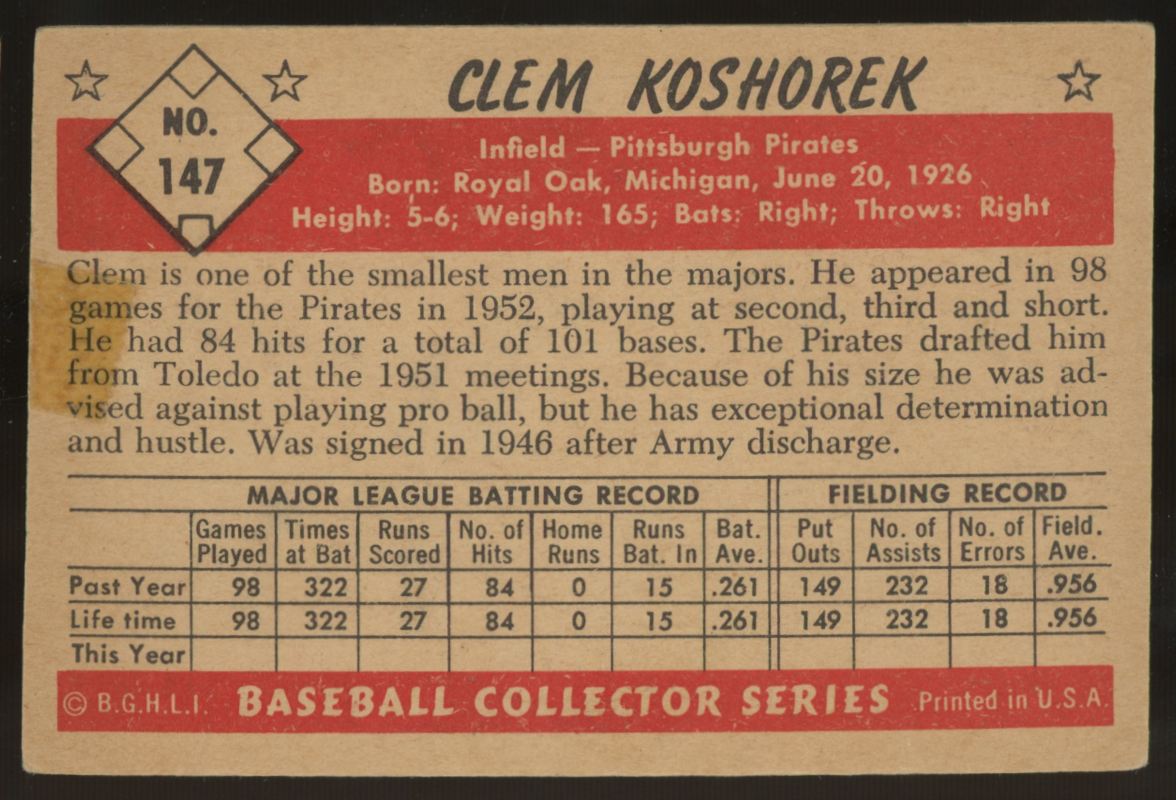 1953 Bowman Clem Koshorek #147 EX (Tape On Back)