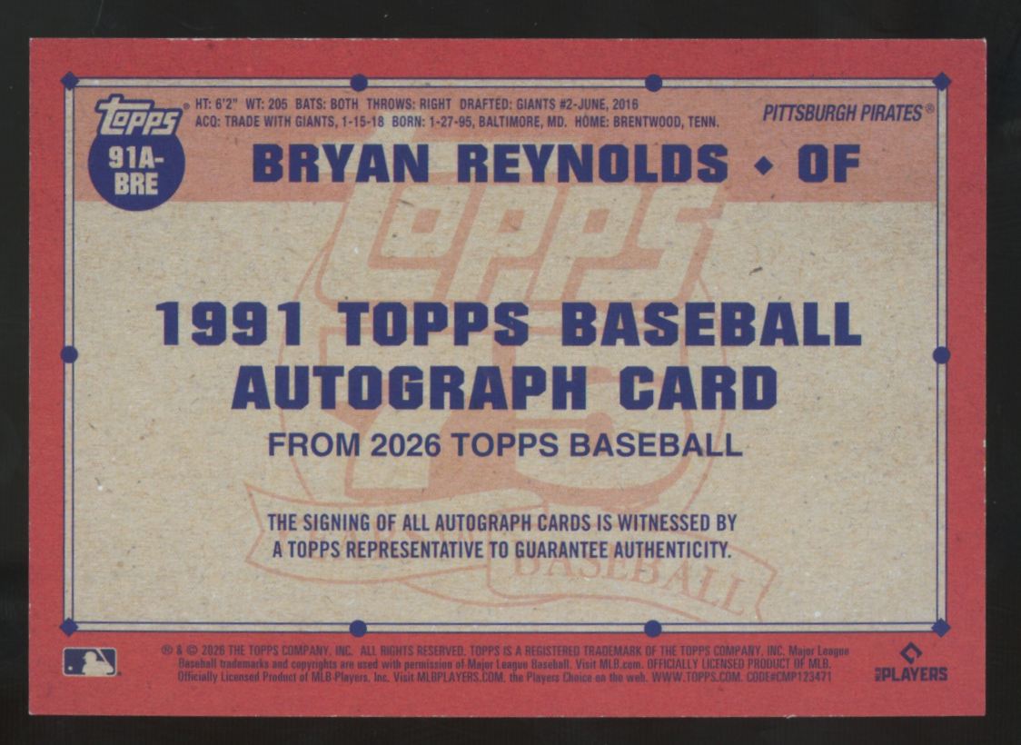 2026 Topps Series One Bryan Reynolds 1991 Gold Foil Auto /50 #91A-BRE