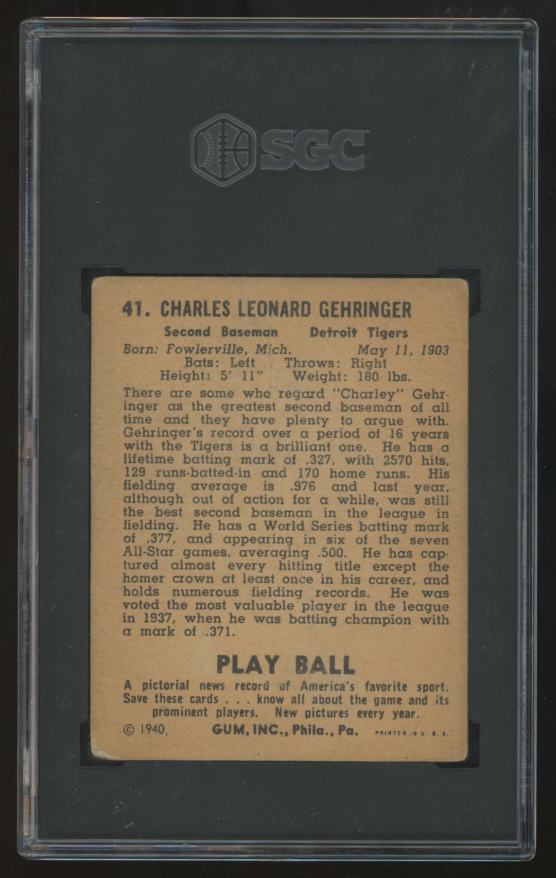 1940 Play Ball Charley Gehringer #41 SGC 1