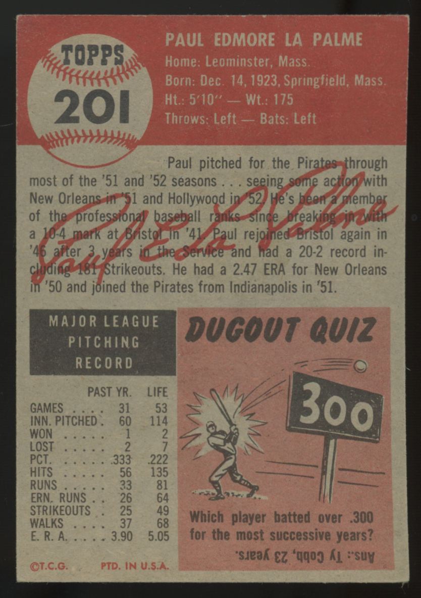 1953 Topps Paul La Palme #201 VG "A"