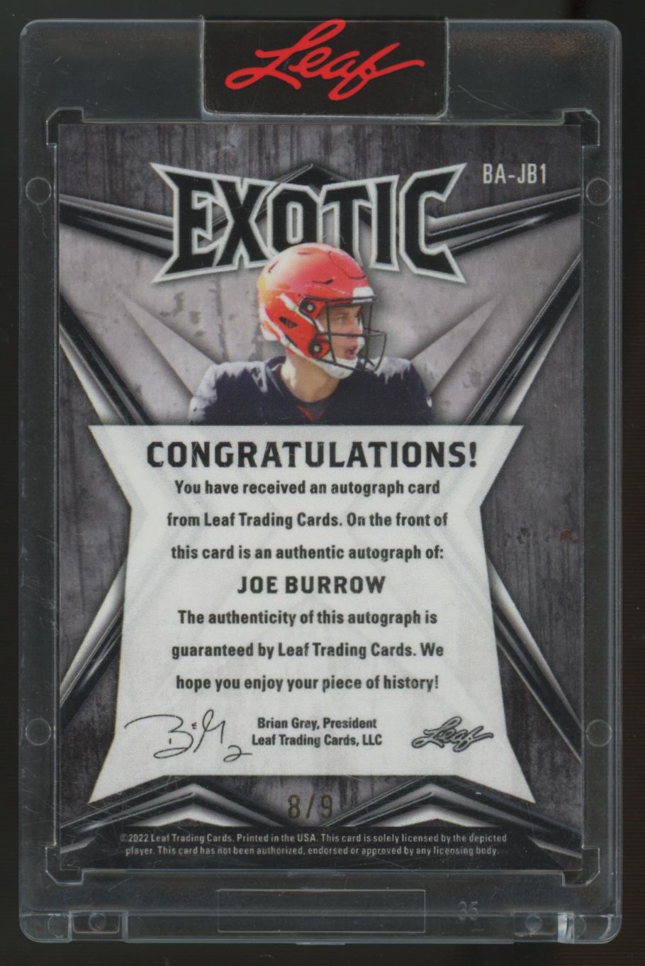 2022 Leaf Exotic Joe Burrow Diagonal Shimmer Tiger Auto /9 #BA-JB1