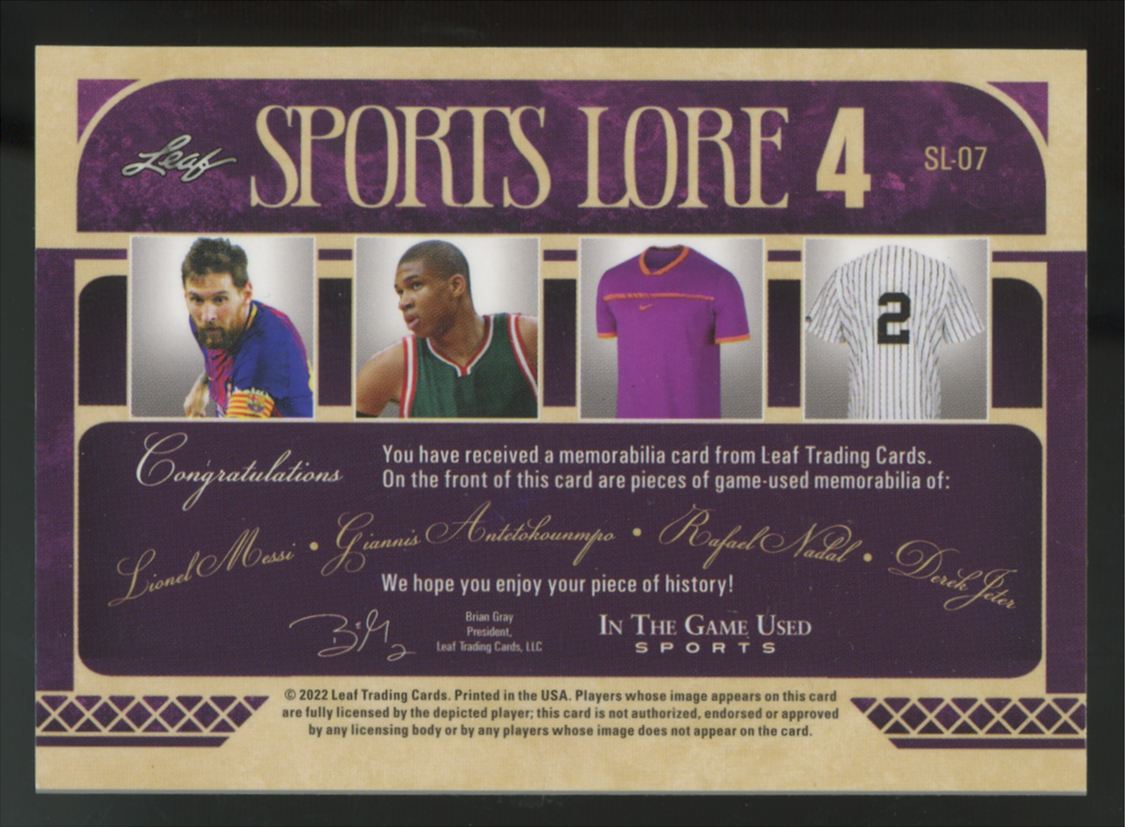 2022 Leaf In The Game Messi/Antetokounmpo/Nadal/Jeter Sports Lore Quad Patch /40