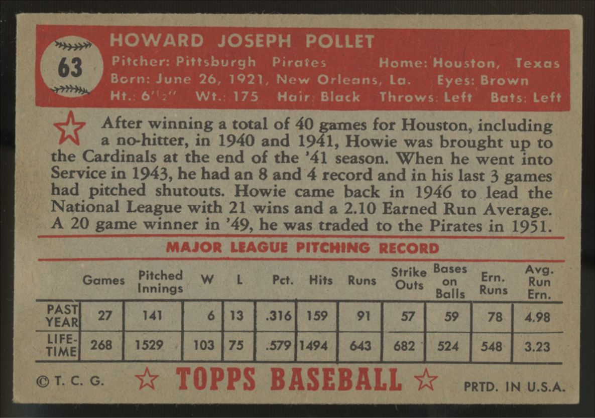 1952 Topps Howie Pollet #63 VG