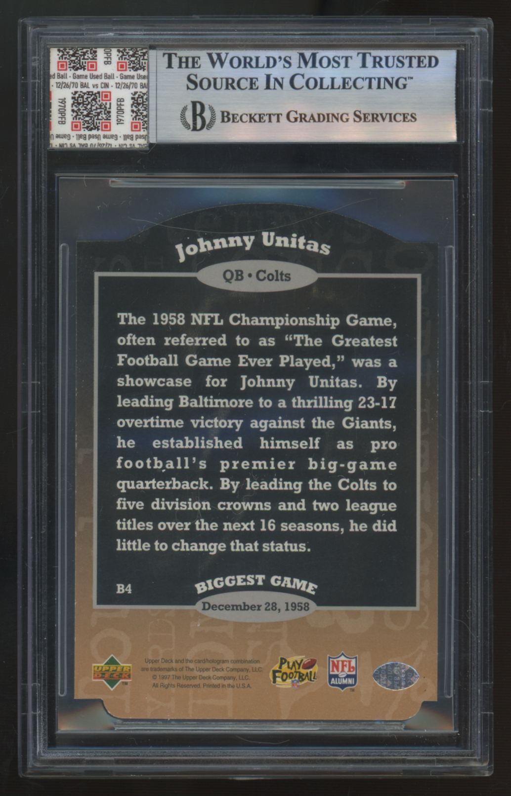 1997 Upper Deck Legends Johnny Unitas Jersey Fusion Playoff Ball Relic #B4 BGS 9
