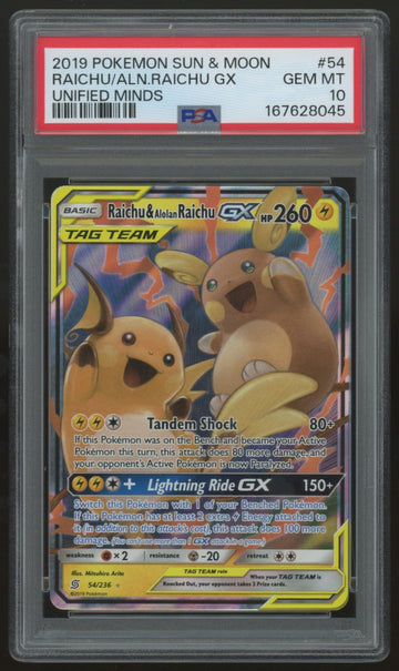 2019 Pokemon Raichu & Alolan Raichu GX Unified Minds Holo #54 PSA 10