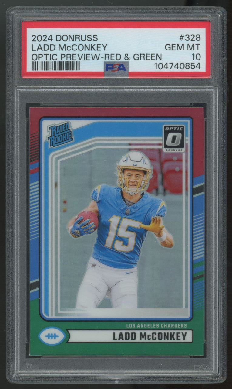 2024 Donruss Ladd McConkey RC Rated Rookie Red & Green Optic Preview #328 PSA 10