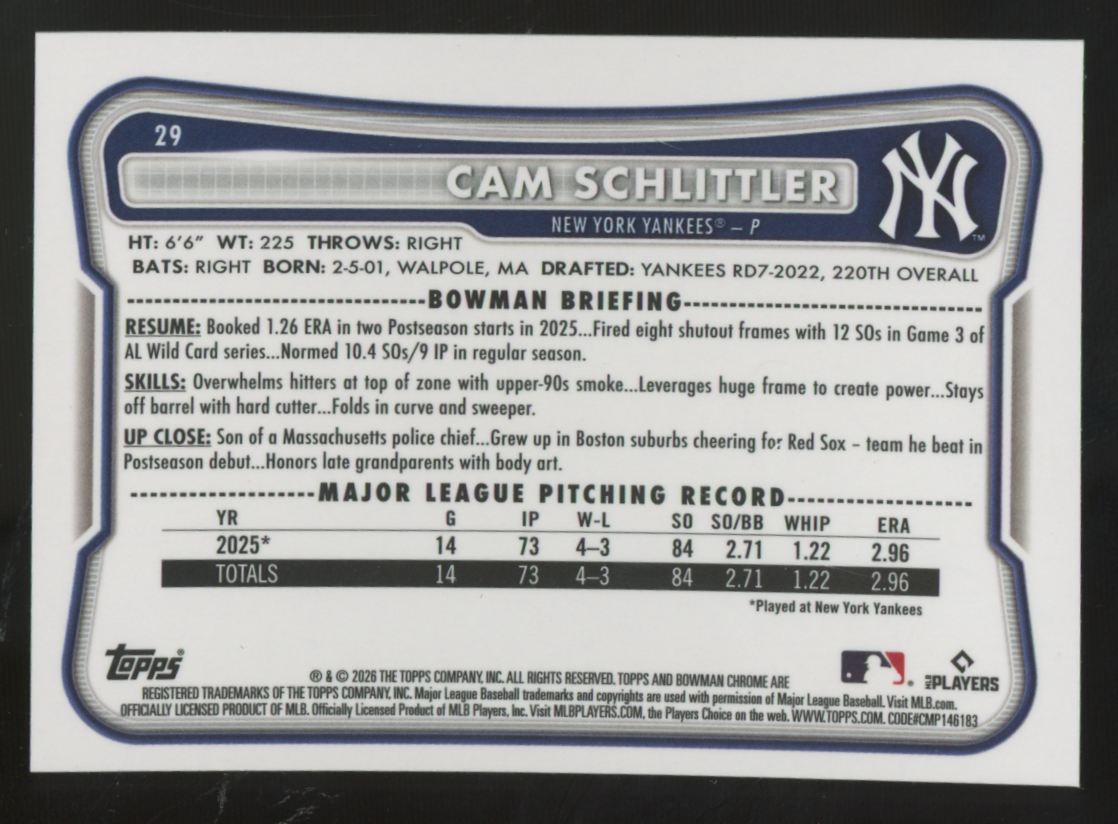 2026 Bowman Chrome Mega Cam Schlittler RC Purple Mojo /299 #29