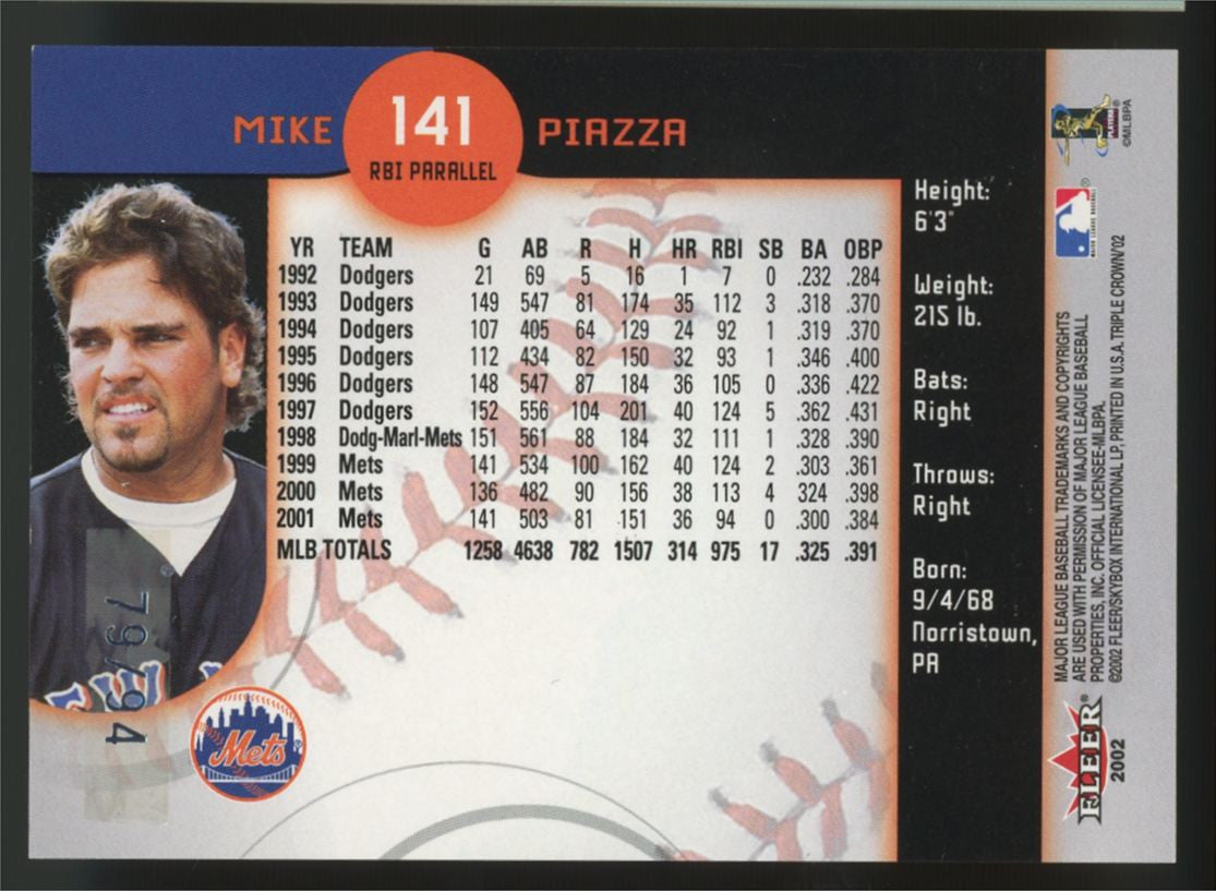 2002 Fleer Triple Crown Mike Piazza Blue RBI Parallel /94 #141 "B"