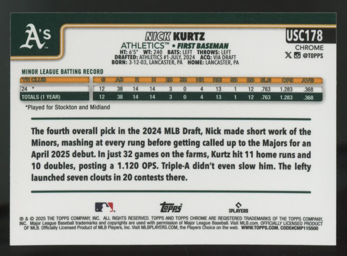 2025 Topps Chrome Update Nick Kurtz RC X-Fractor #USC178
