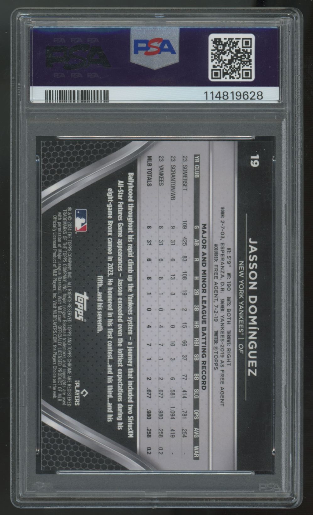 2024 Topps Chrome Black Jasson Dominguez RC Gold Mini-Diamond /50 #19 PSA 10
