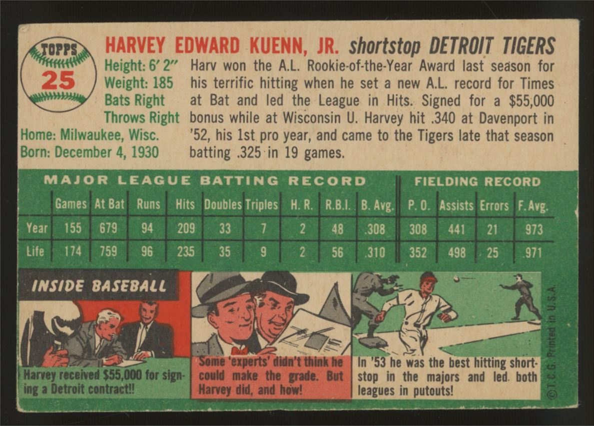1954 Topps Harvey Kuenn RC #25 VG/EX "A"