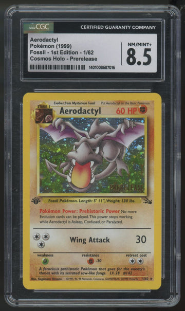 1999 Pokemon Aerodactyl Fossil 1st Edition Prerelease Holo #1 CGC 8.5