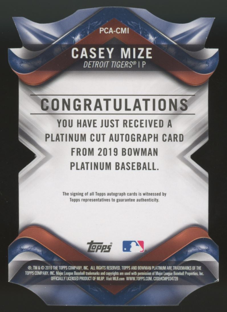 2019 Bowman Platinum Casey Mize Die Cut Auto /25 #PCA-CMI