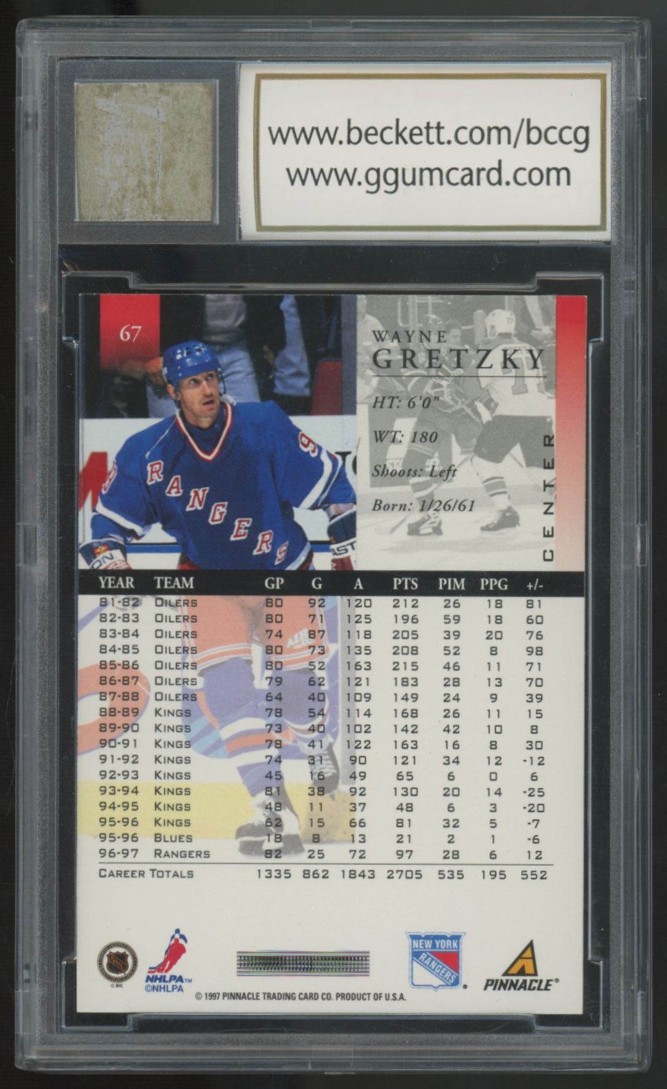 1997-98 Pinnacle Wayne Gretzky Game Used Stick Relic #67 BCCG 10
