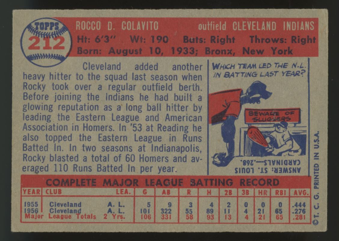 1957 Topps Rocco Rocky Colavito RC #212 EX+ "B"