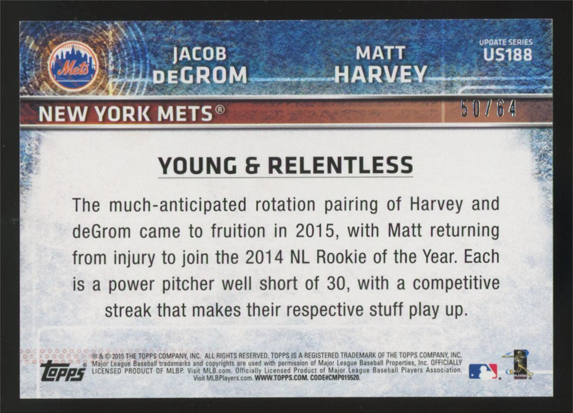 2015 Topps Update Jacob DeGrom Matt Harvey Black Young & Relentless /64 #US188