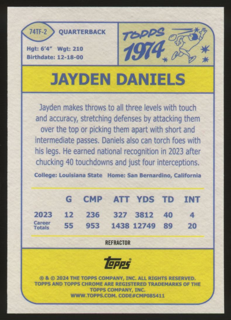 2024 Topps Chrome Jayden Daniels RC 1974 Throwback Refractor #74TF-2