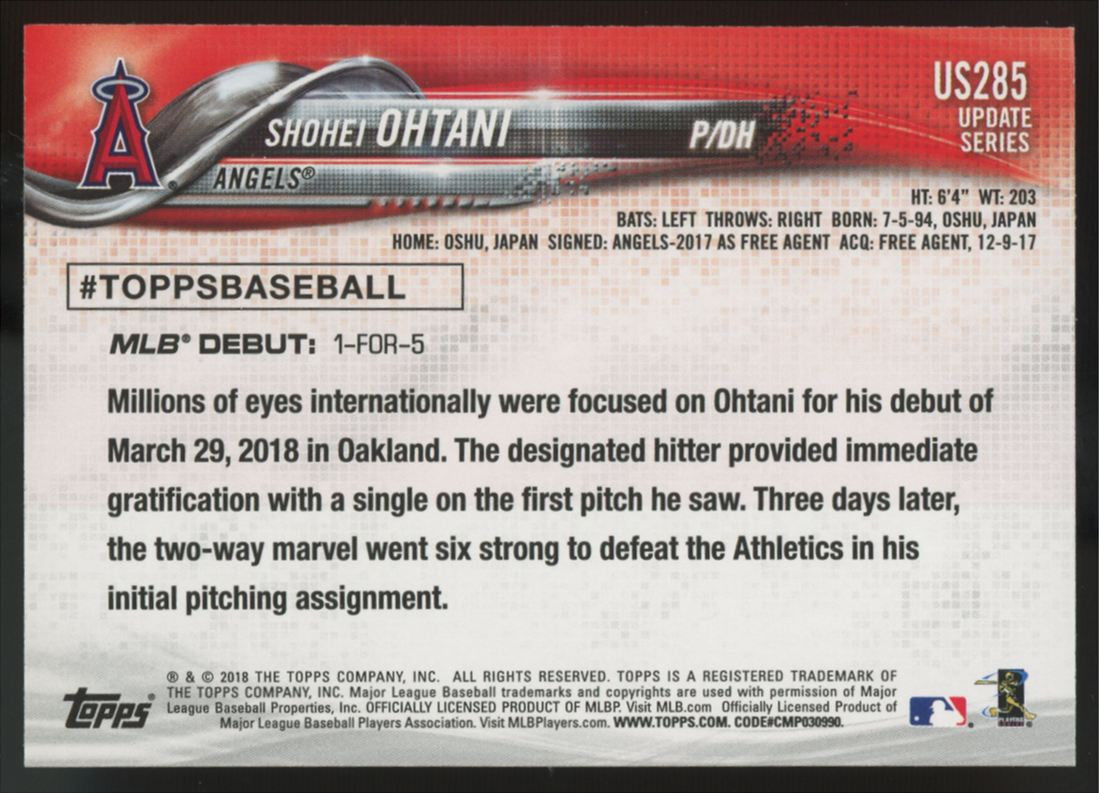 2018 Topps Update Shohei Ohtani RC Debut #US285 "A"