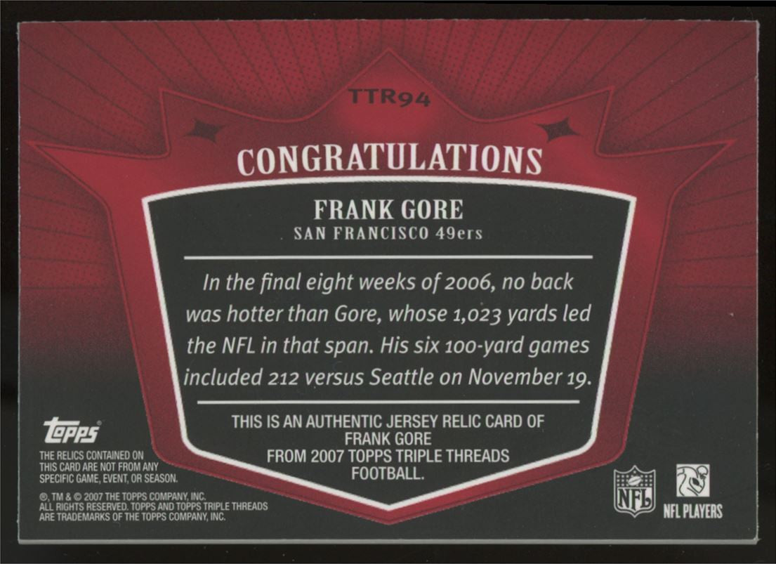 2007 Triple Threads Frank Gore Triple Jersey Patch Red /36 #TTR94