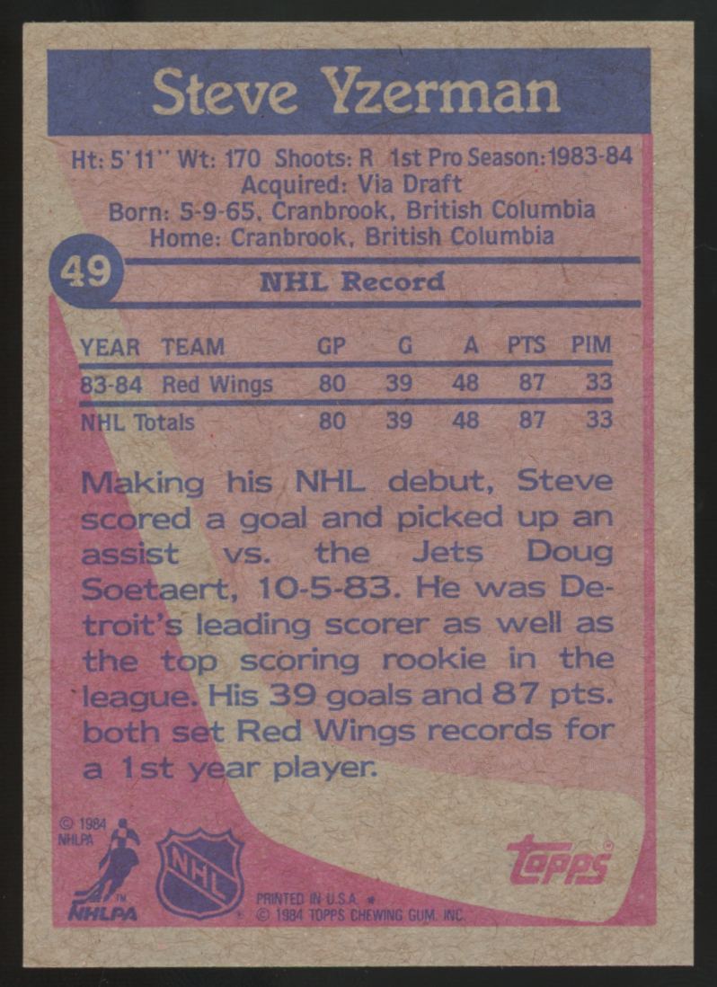 1984-85 Topps Steve Yzerman RC #49 EX