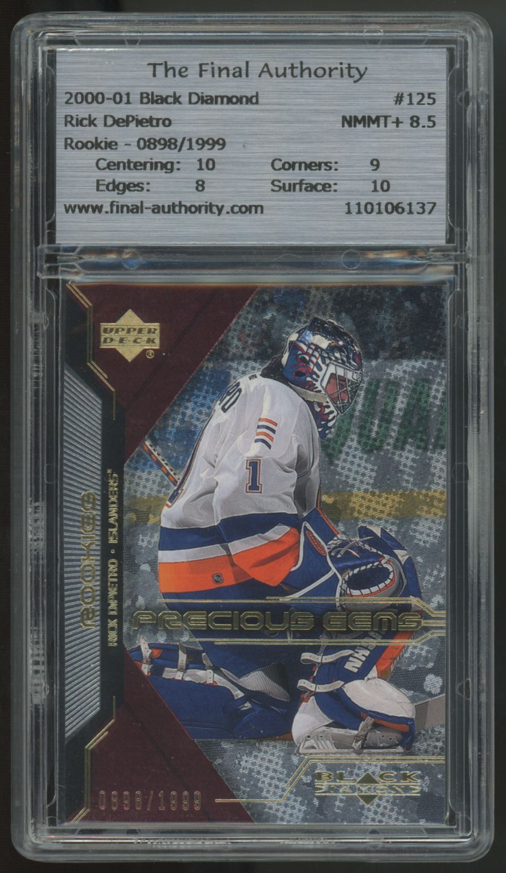 2000-01 UD Black Diamond Rick DePietro RC Precious Gems /1999 #125 TFA 8.5