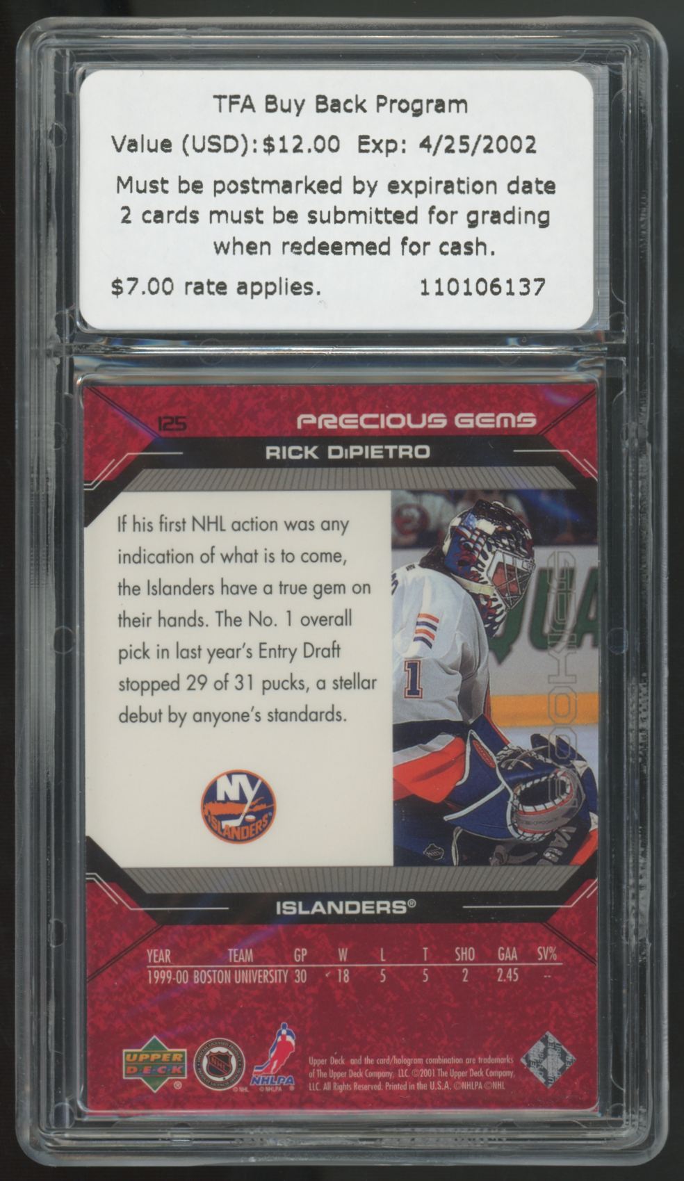 2000-01 UD Black Diamond Rick DePietro RC Precious Gems /1999 #125 TFA 8.5