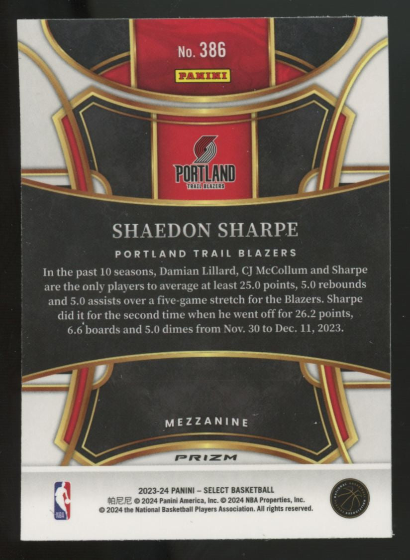 2023-24 Panini Select Shaedon Sharpe Mezzanine Zebra Prizm SSP #386