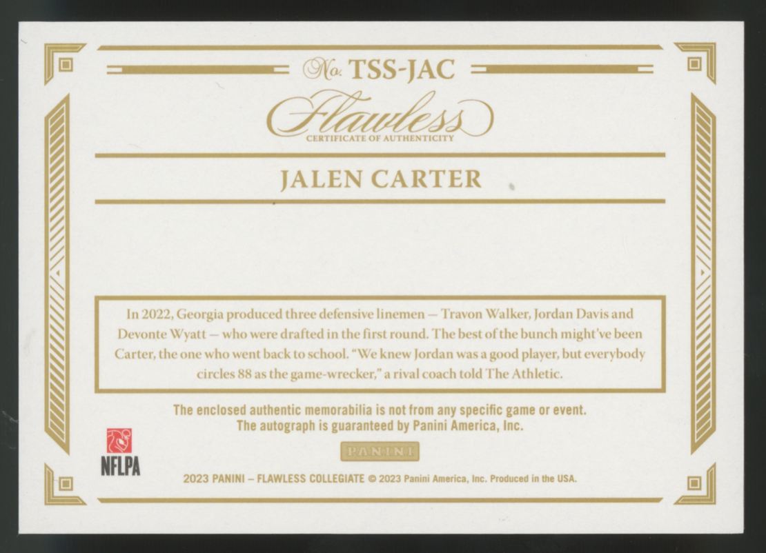 2023 Flawless Collegiate Jalen Carter Team Slogan Signatures Ruby Patch Auto /20