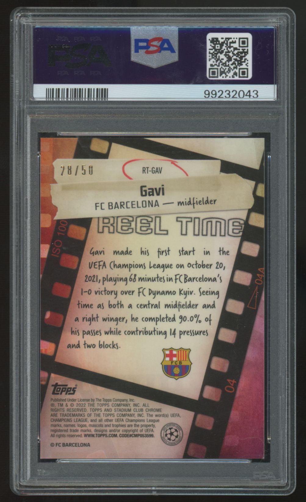 2021-22 Stadium Club Chrome UEFA Gavi RC Gold Reel Time /50 #RT-GAV PSA 9