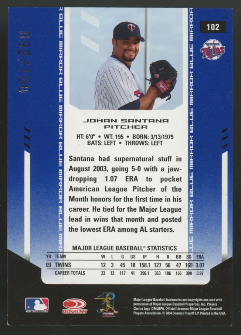 2004 Leaf Certified Materials Johan Santana Mirror Blue Auto /100 #102