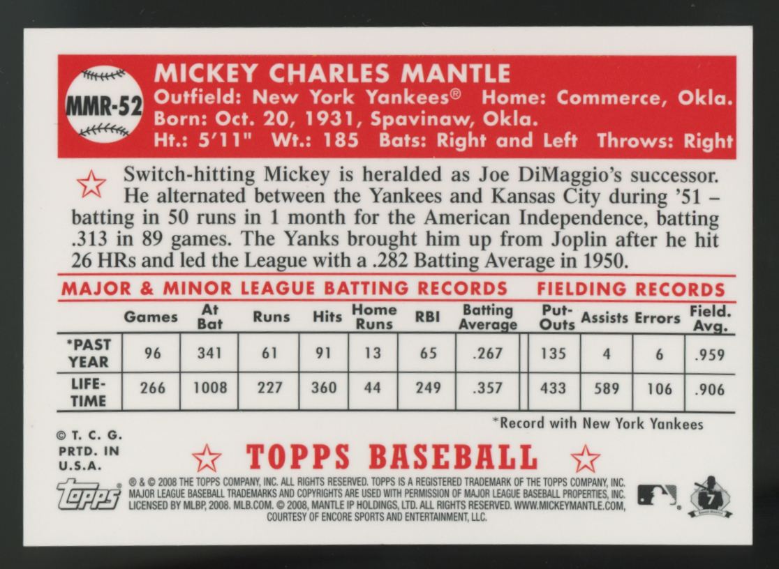 2008 Topps Mickey Mantle 1952 Gold Refractor #MMR-52