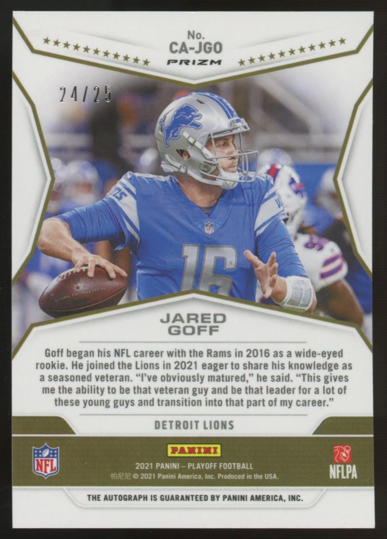 2021 Panini Playoff Jared Goff Call To Arms Prizm Auto /25 #CA-JGO