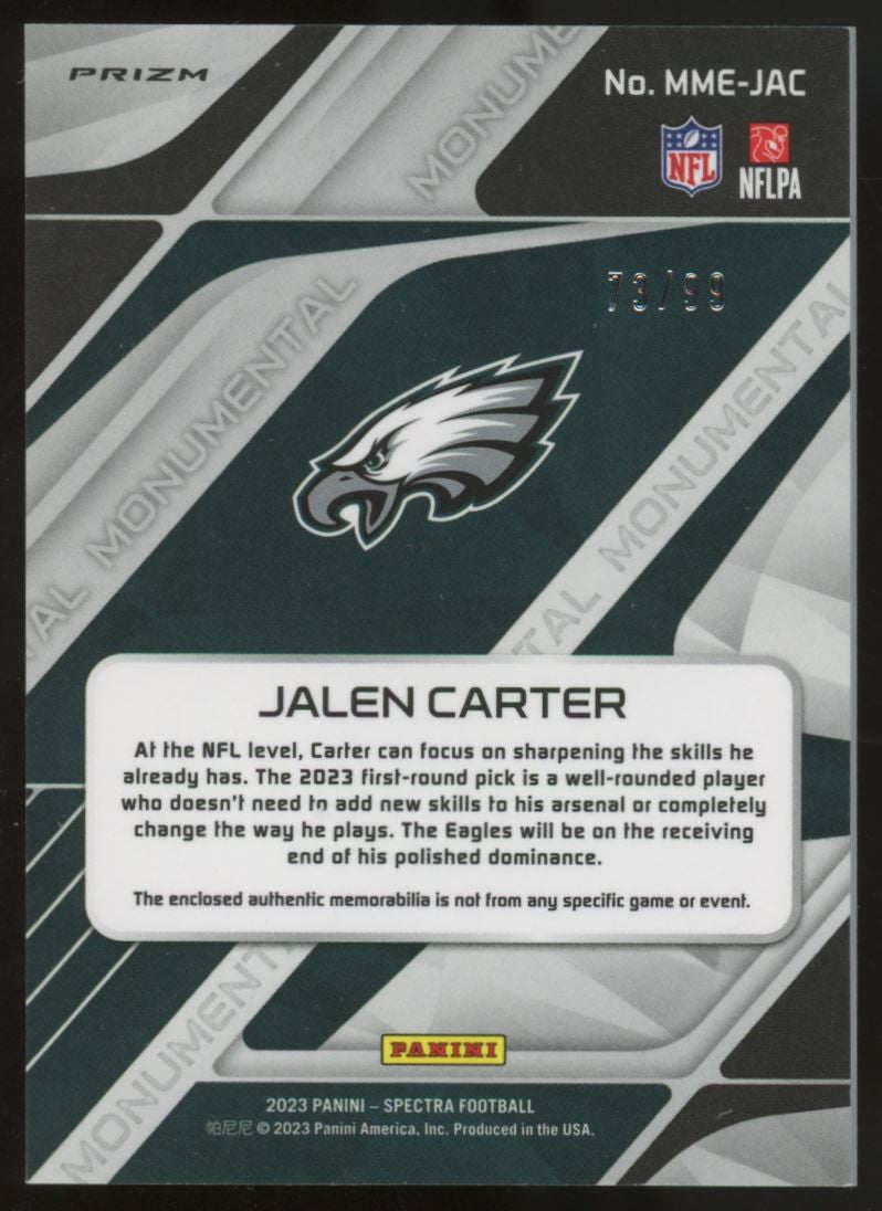 2023 Spectra Jalen Carter RC Monumental Patch Silver /99 #MME-JAC