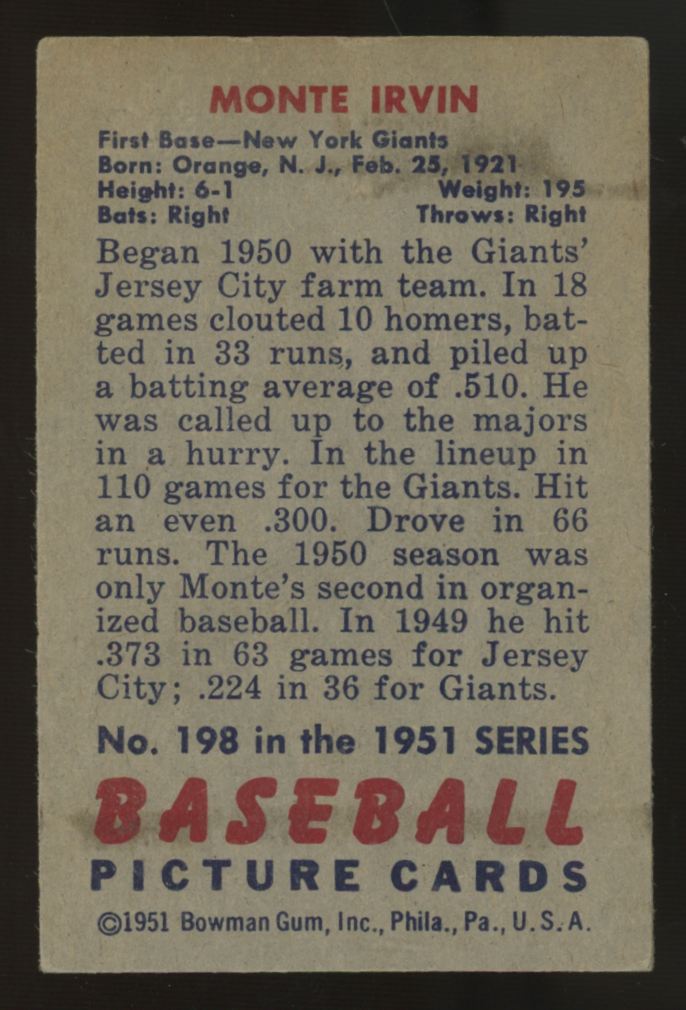 1951 Bowman Monte Irvin RC #198 VG/EX - EX