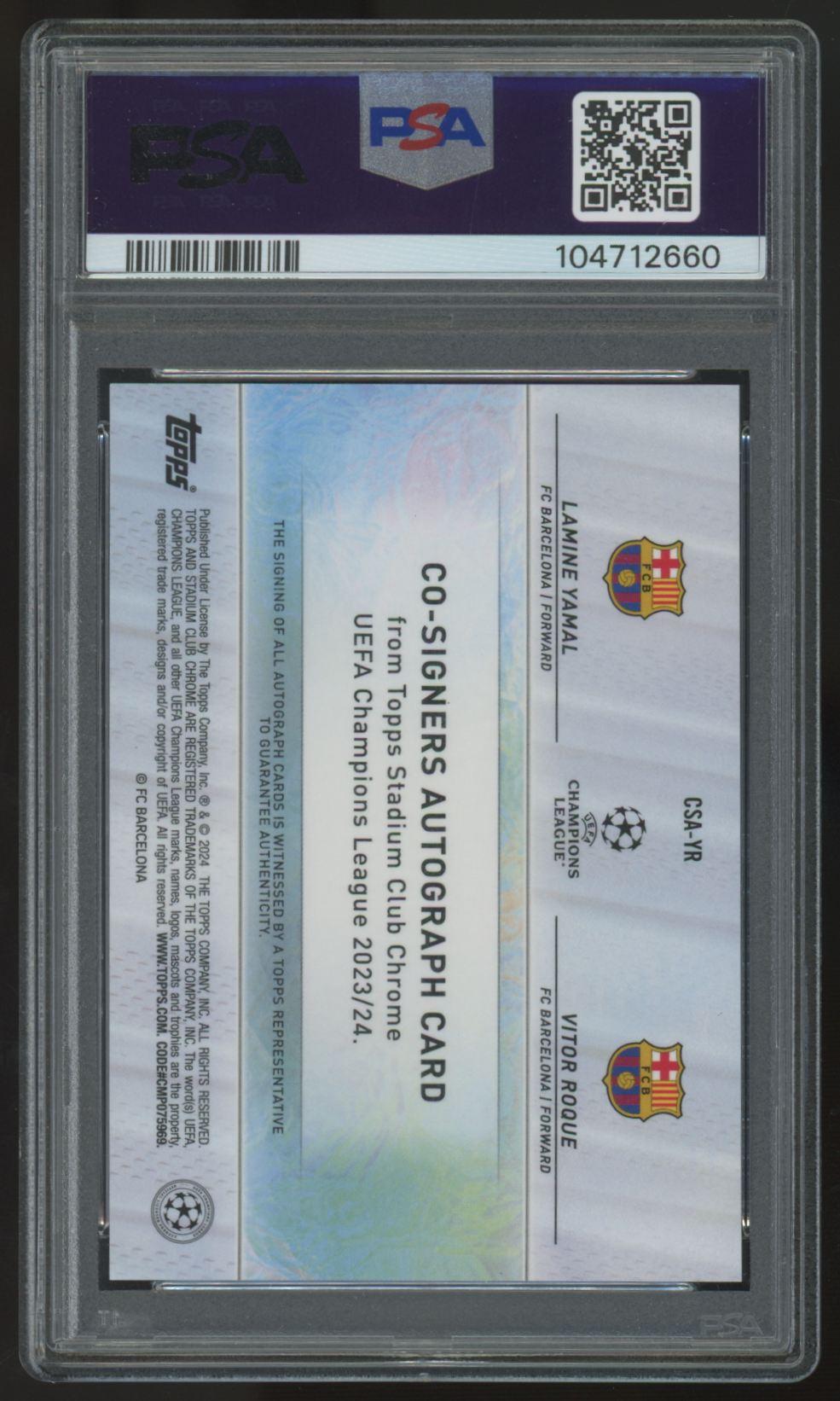 2023-24 Stadium Club Chrome UEFA Yamal/Roque RC Co-Signers Dual Auto /25 PSA 9