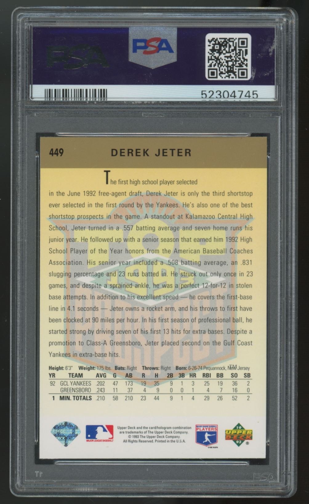 1993 Upper Deck Derek Jeter RC #449 PSA 9 *745