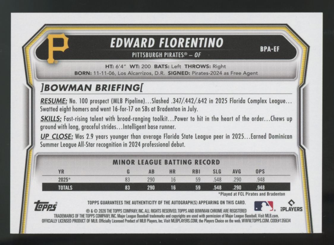 2026 Bowman Edward Florentino 1st Retail Purple Border Auto /250 #BPA-EF