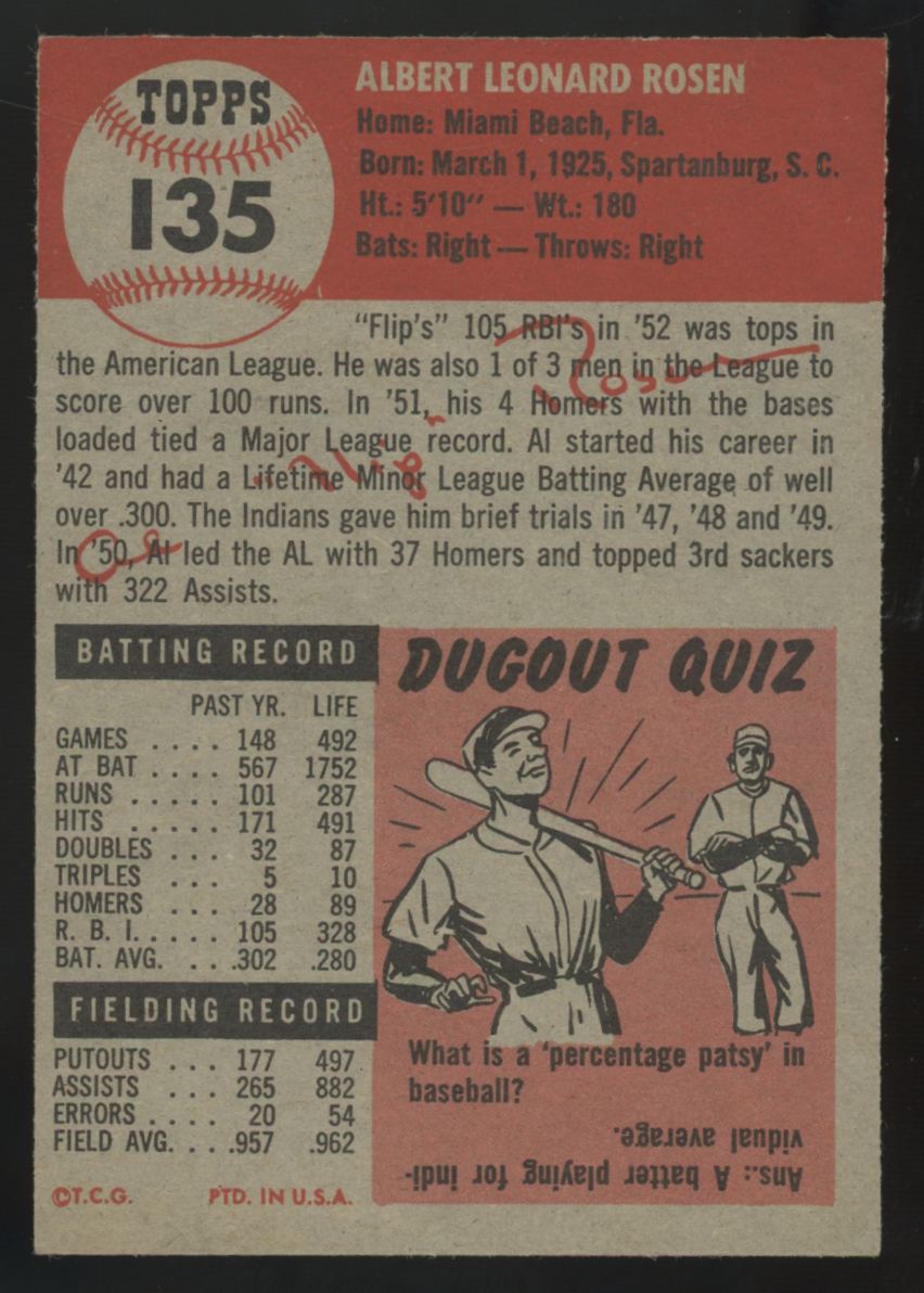 1953 Topps Al Rosen #135 EX/MT