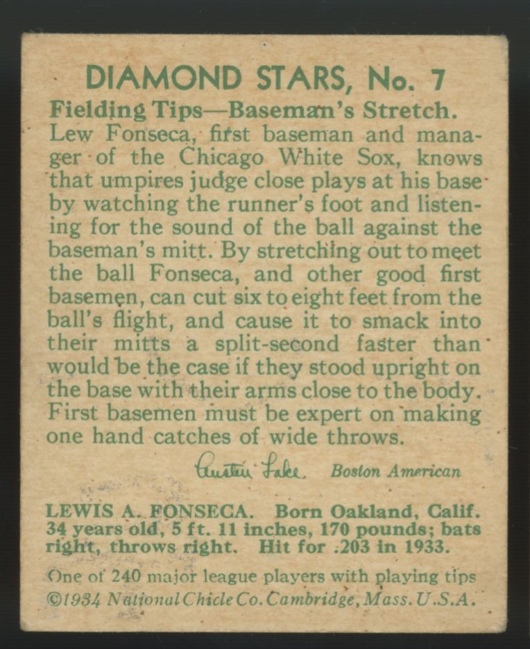 1934 National Chicle Lew Fonseca Diamond Stars #7 Poor (Pinhole)